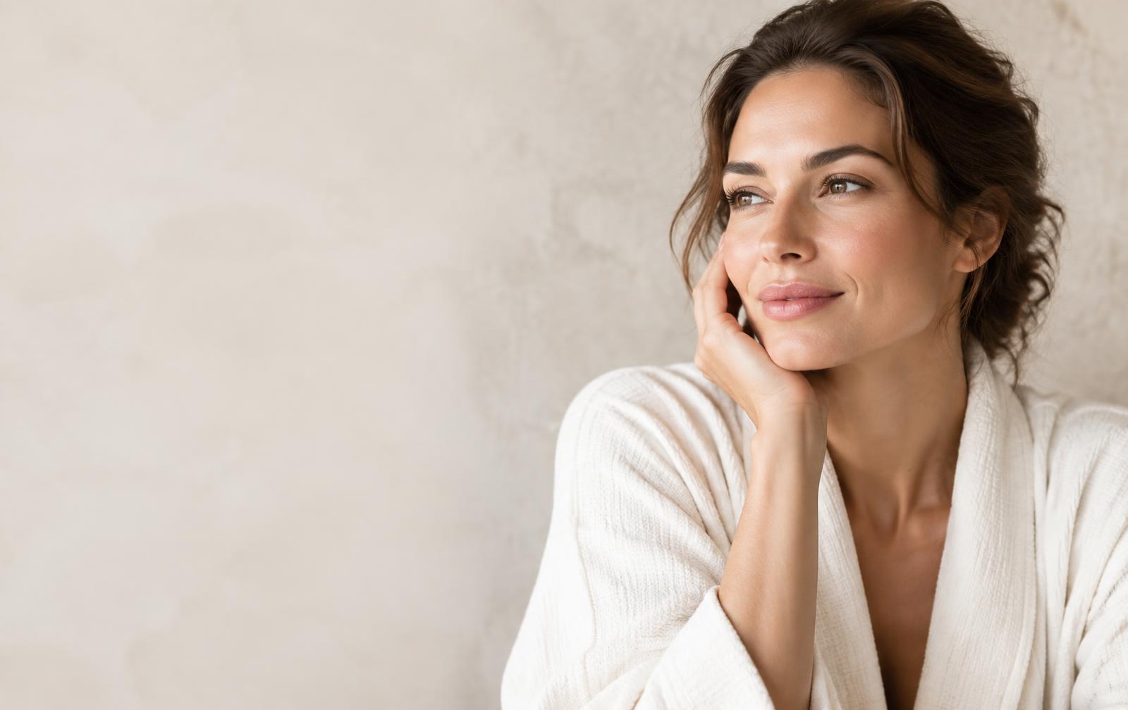 Woman with natural skin in a calm wellness setting